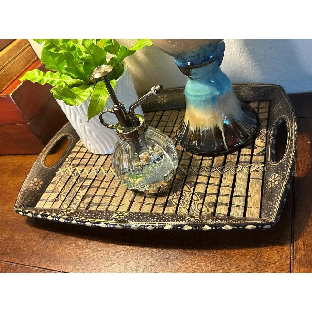 Vintage Handmade Batik Style Bamboo Serving Tray - Black Brown